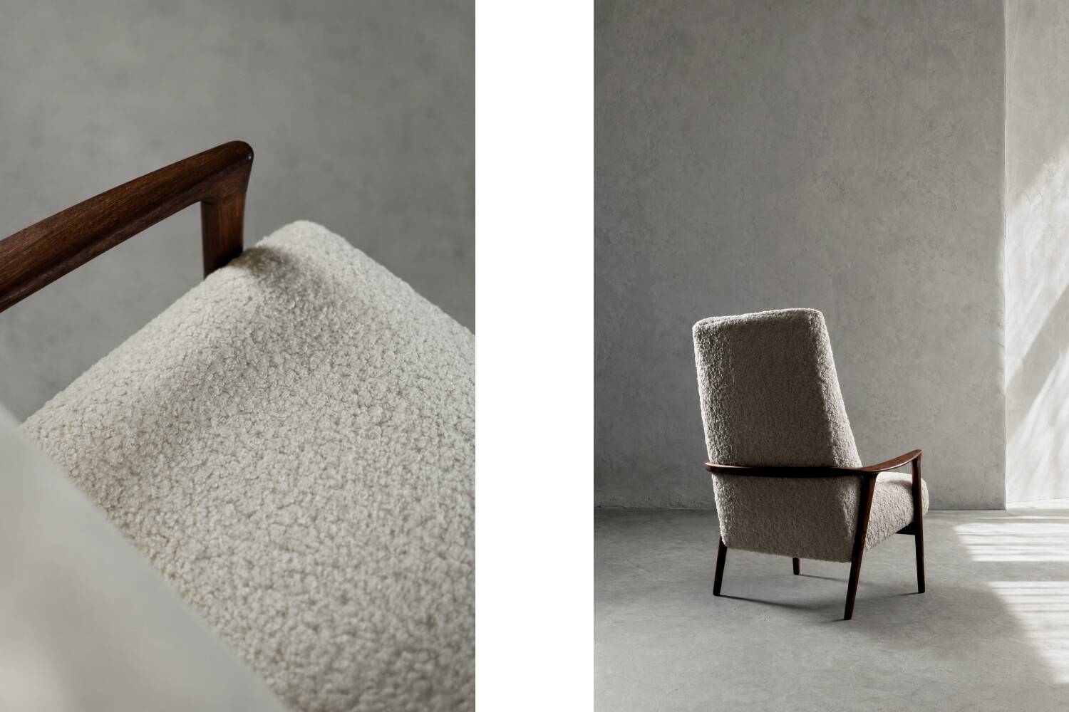Vintage Mid-Century Scandinavian Modern White Boucle &Teak High Armchair