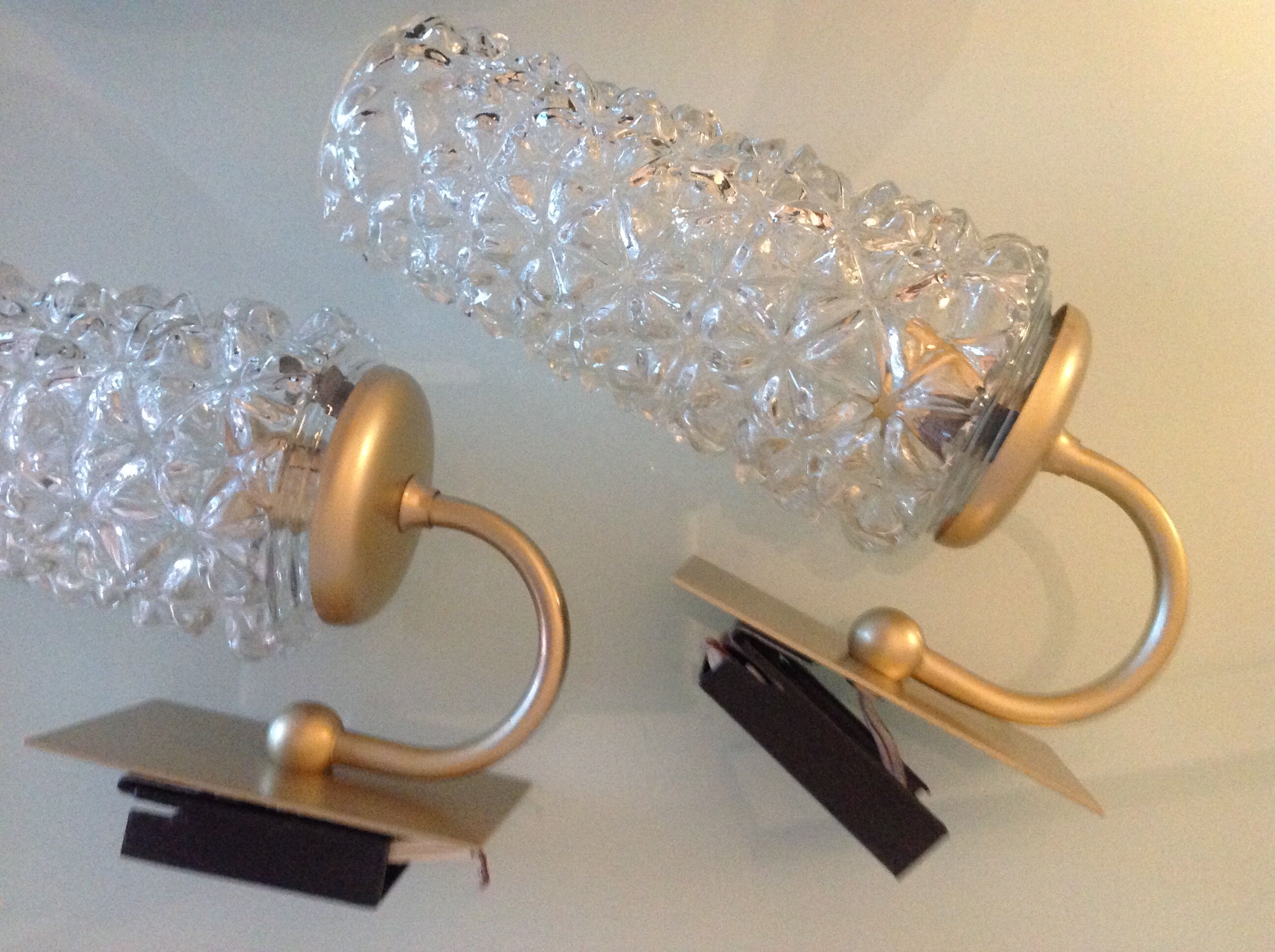 Pair of tulip glass and gold/vintage metal wall lamps 60/70