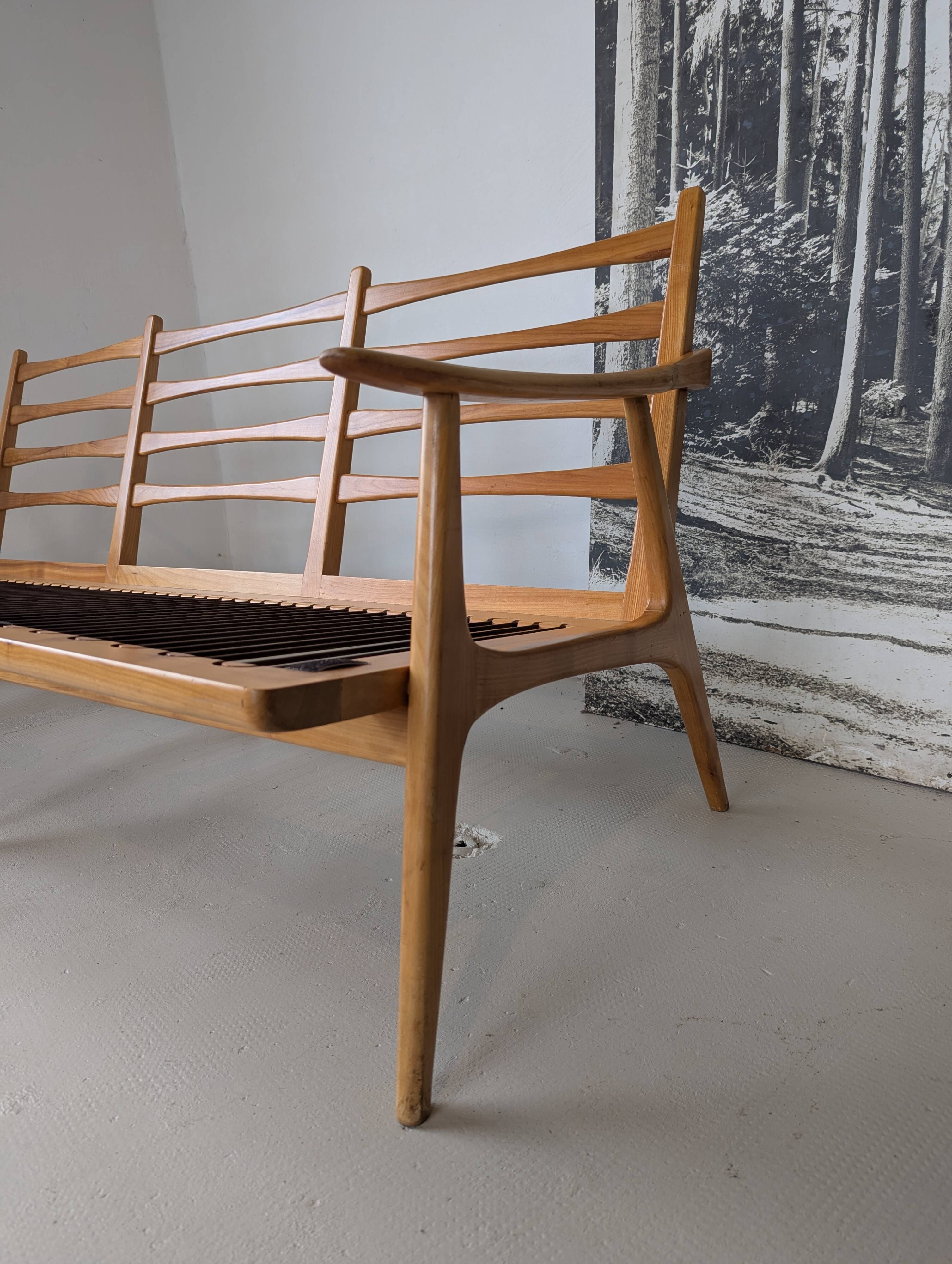 Banquette velours et bois clair, scandinave vers 1960/70