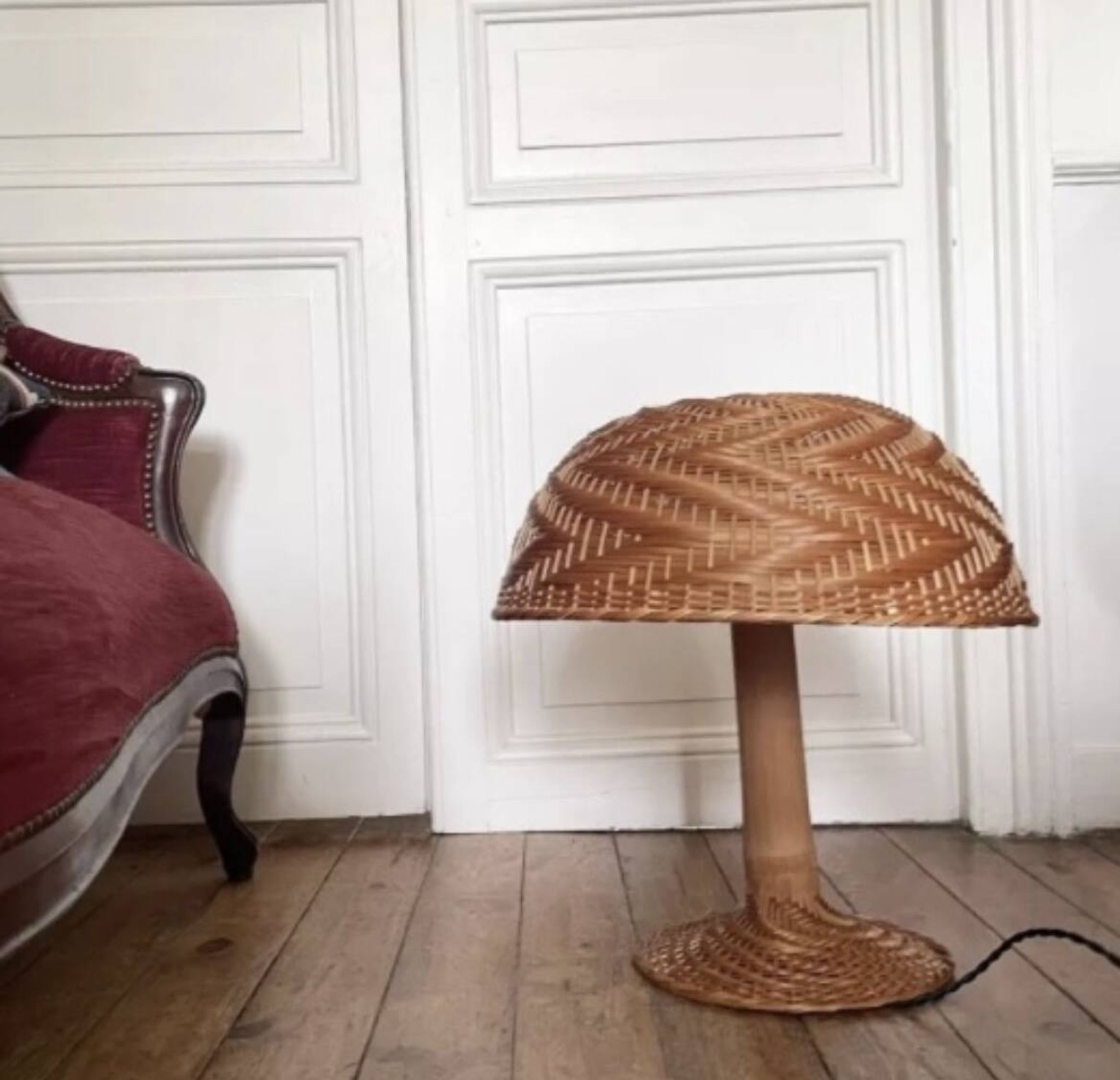 Lampe champignon XXL en rotin tressé années 70