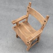 Brutalist armchair with carved rosettes and nailed wooden seat, Spain, 20th