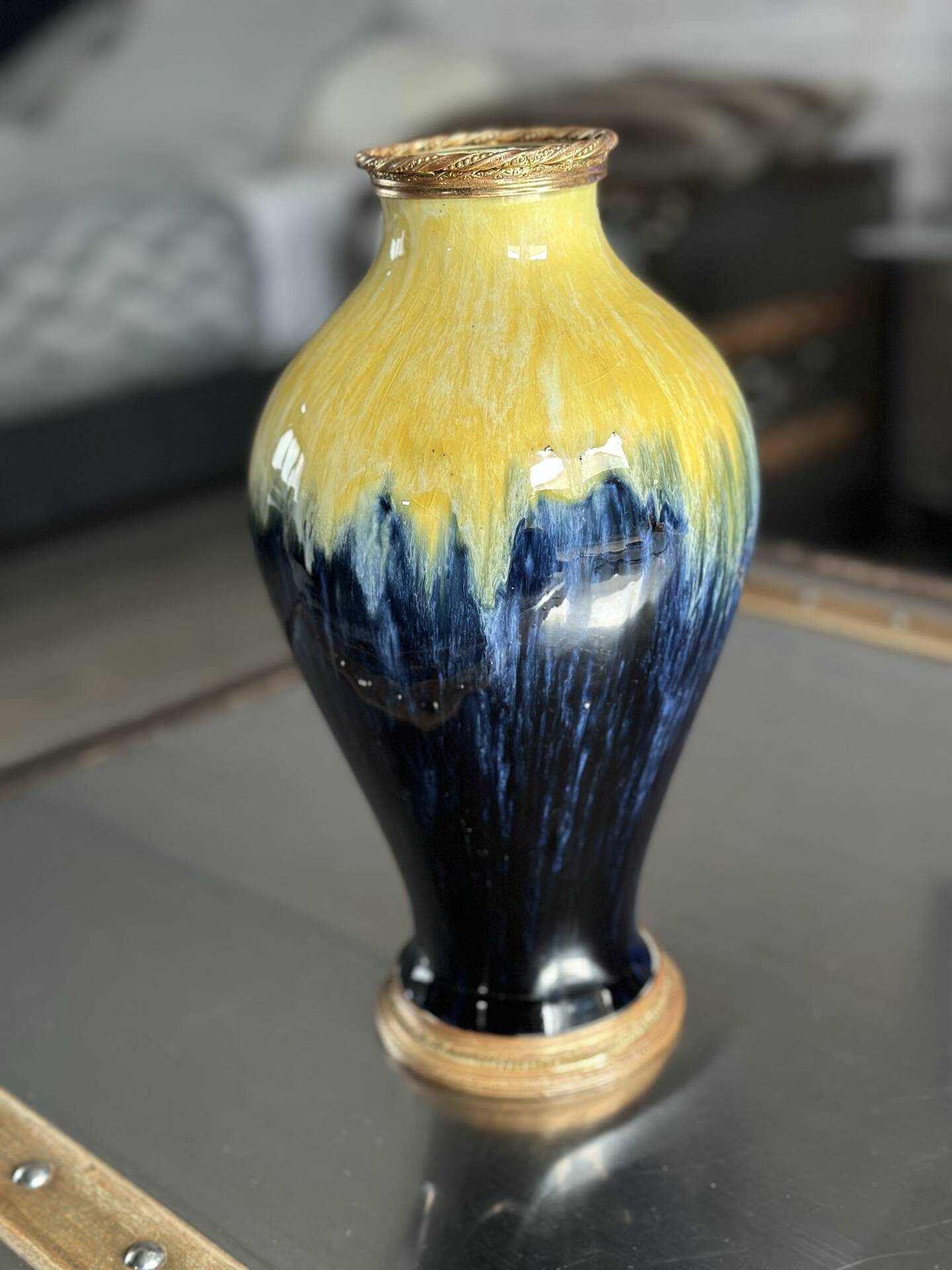 Art Deco vase in yellow and blue flamed earthenware - Shape 485, circa 1930