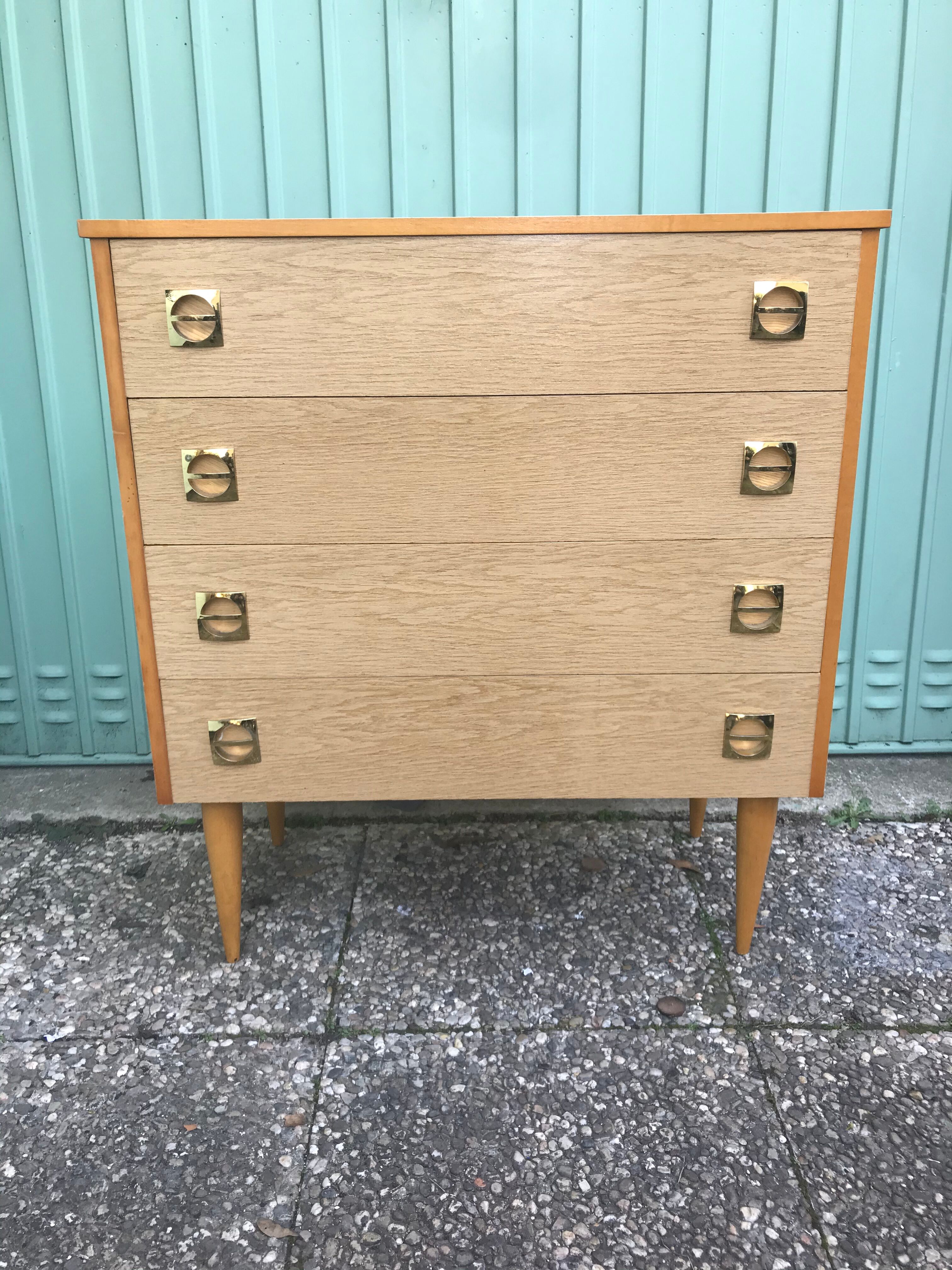 Old wooden chest of 4 drawers - handles brass feet compass 70s vintage
