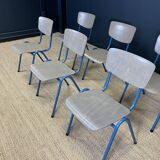 Ensemble de 6 chaises d'école bois gris pieds bleus Pays-Bas années 70/80