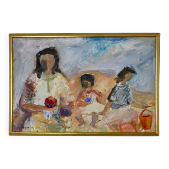 Large Swedish Mid-Century Oil on Panel" Beach" by Stig Thiderman (1920-1973) - Vintage and Framed