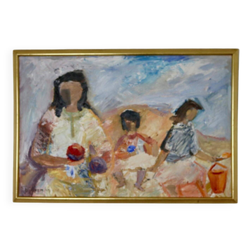 Grande huile sur panneau suédoise du milieu du siècle « Plage » de Stig Thiderman (1920-1973) - Vintage et encadrée