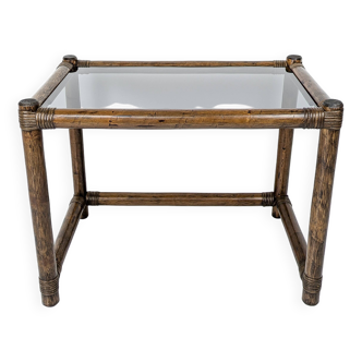 Table basse en bambou marron foncé plateau en verre Mid Century Vintage Rattan Skandi Boho Danish De
