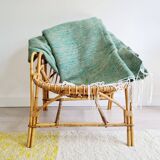 Plaid tissé main vert et lin à fines rayures - franges fines