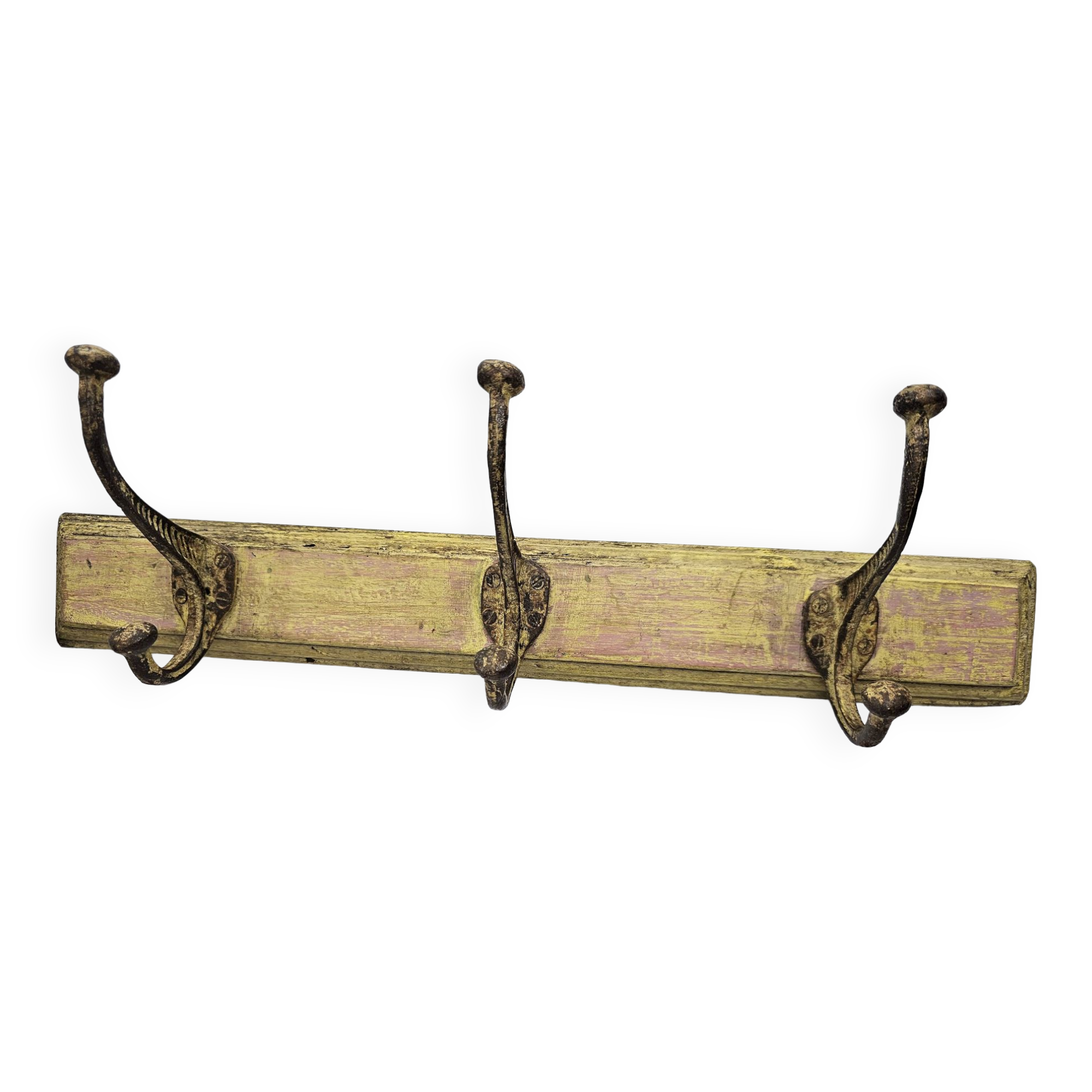Solid teak coat hook with 3 double cast iron hooks