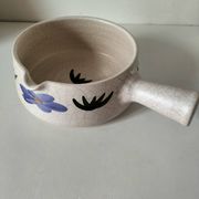 Large antique crackled ceramic fondue pot decorated with blue flowers