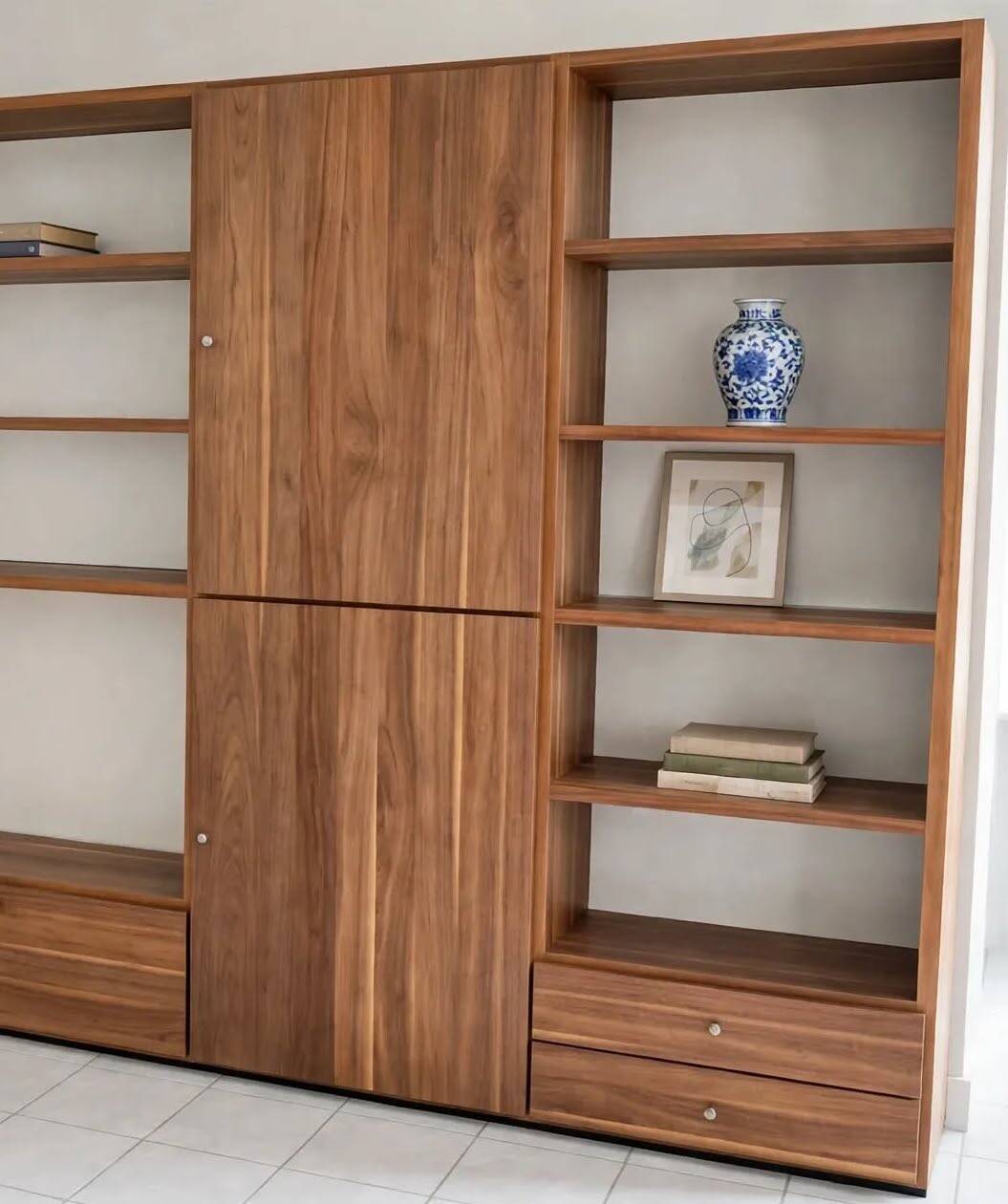 HÜLSTA MEGA-DESIGN Library 379cm - 5 columns Walnut & White Lacquer + contactless neon lighting
