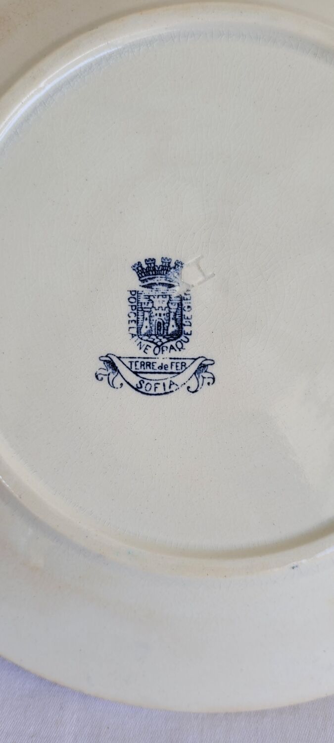 Set of 6 flat plates model Sofia Gien Terre de fer border flowery blue and fo d cream