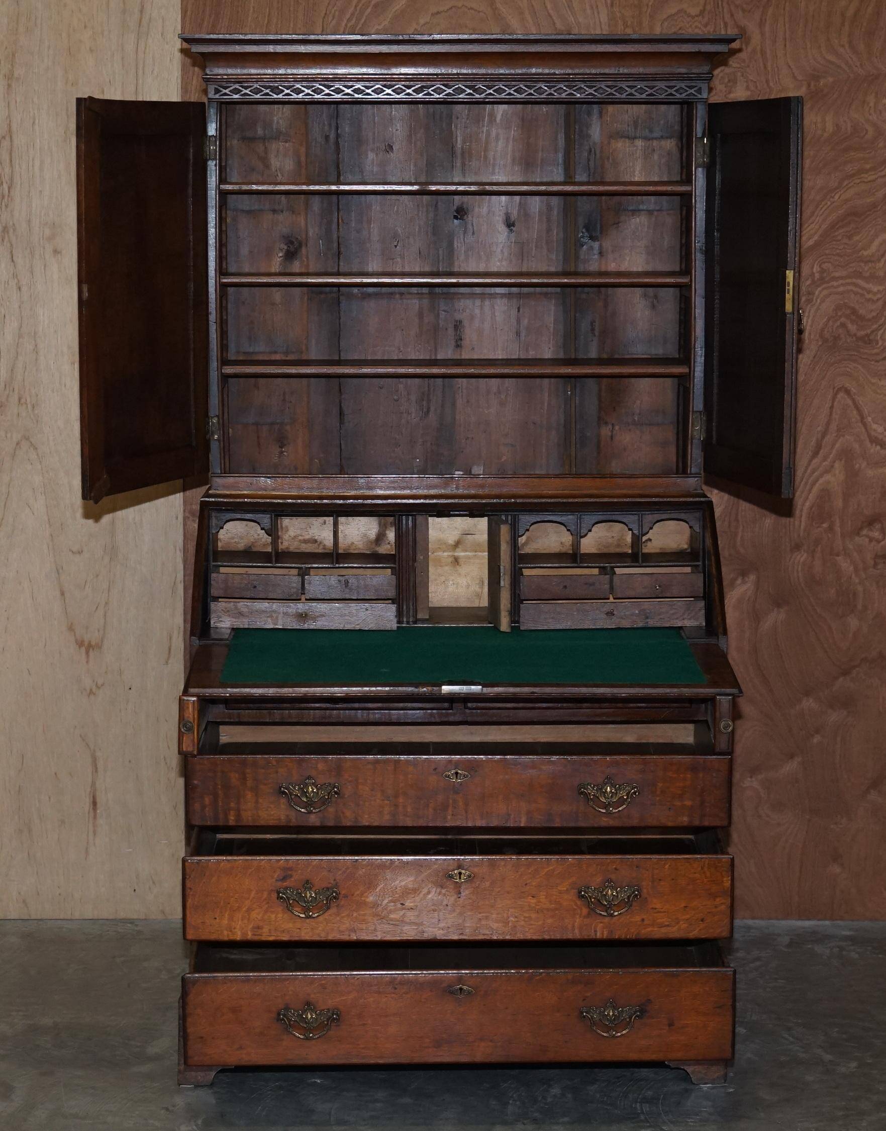 George III oak secretary bookcase circa 1760, Thomas Chippendale style.