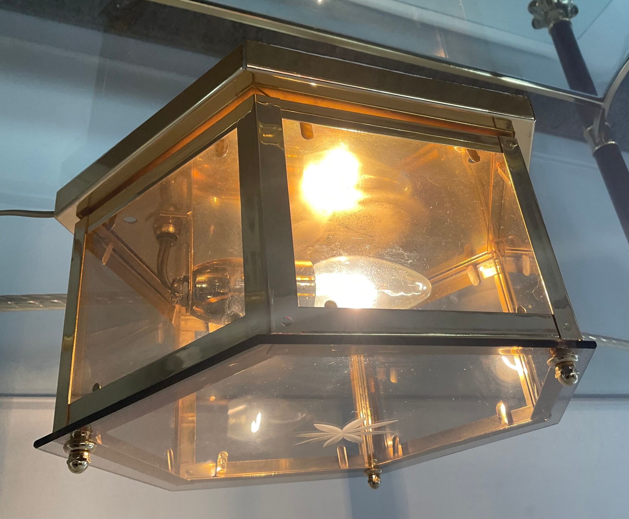 Vintage ceiling lamp in brass and smoked glass