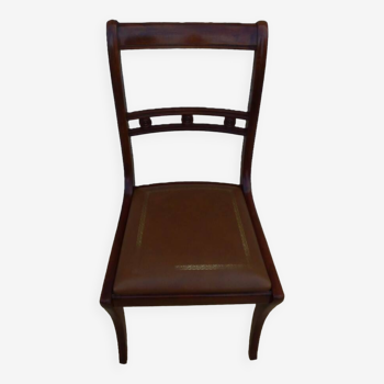 Chair with saber legs and slatted back with brown imitation leather seat