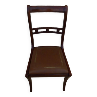 Chaise à pied sabres et dossier à barrettes avec assise simili cuir marron