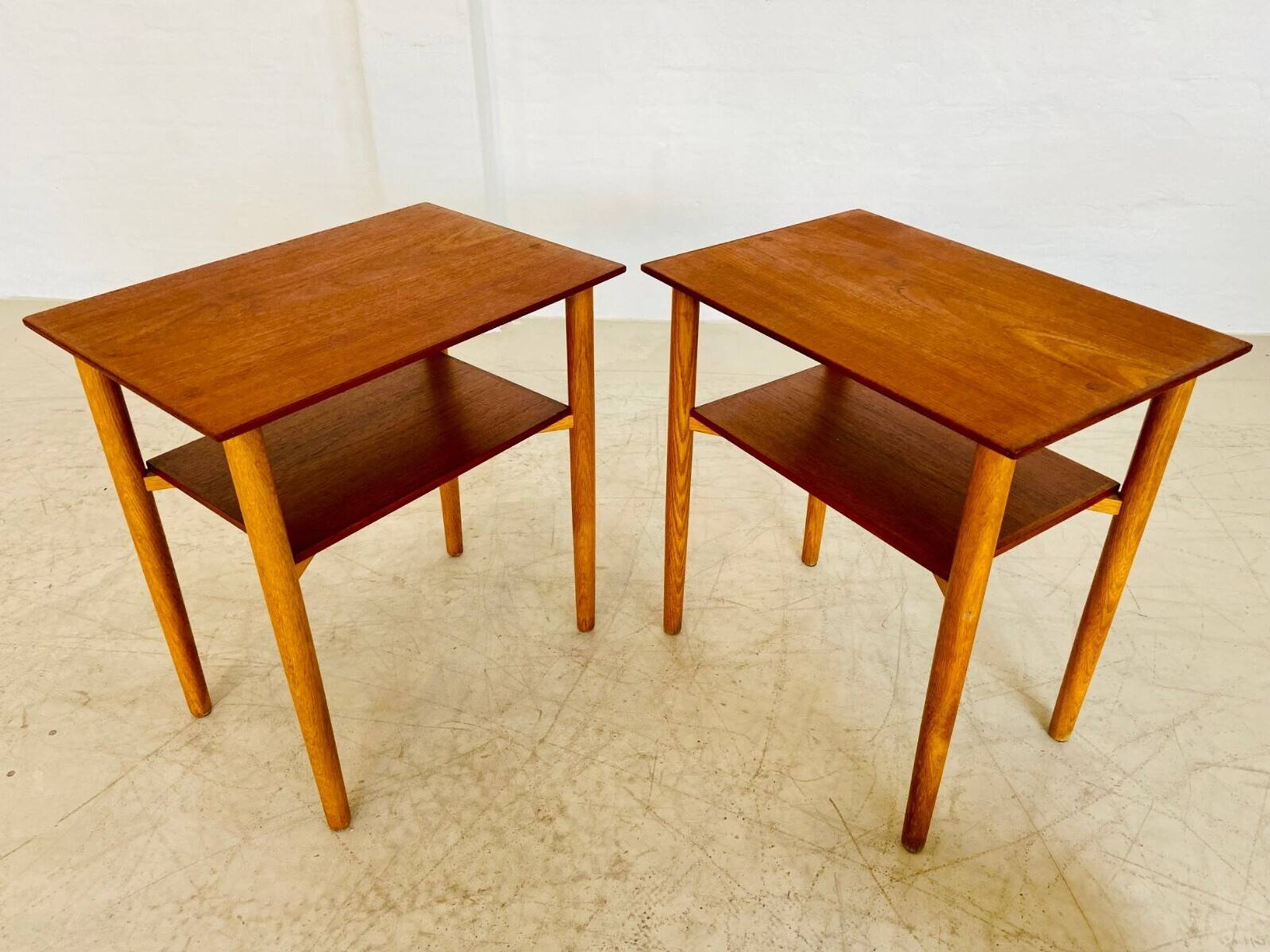 Vintage Danish mid-century teak and oak bedside tables by Næstved Møbelfabrik