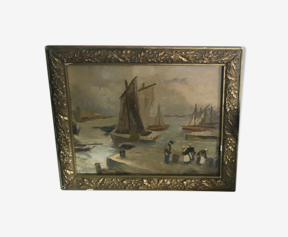 Huile sur papier, cadre bois et stuc doré