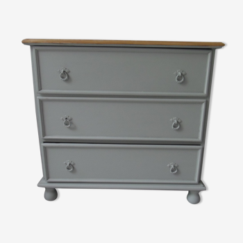 Commode 3 tiroirs vert de gris, plateau bois