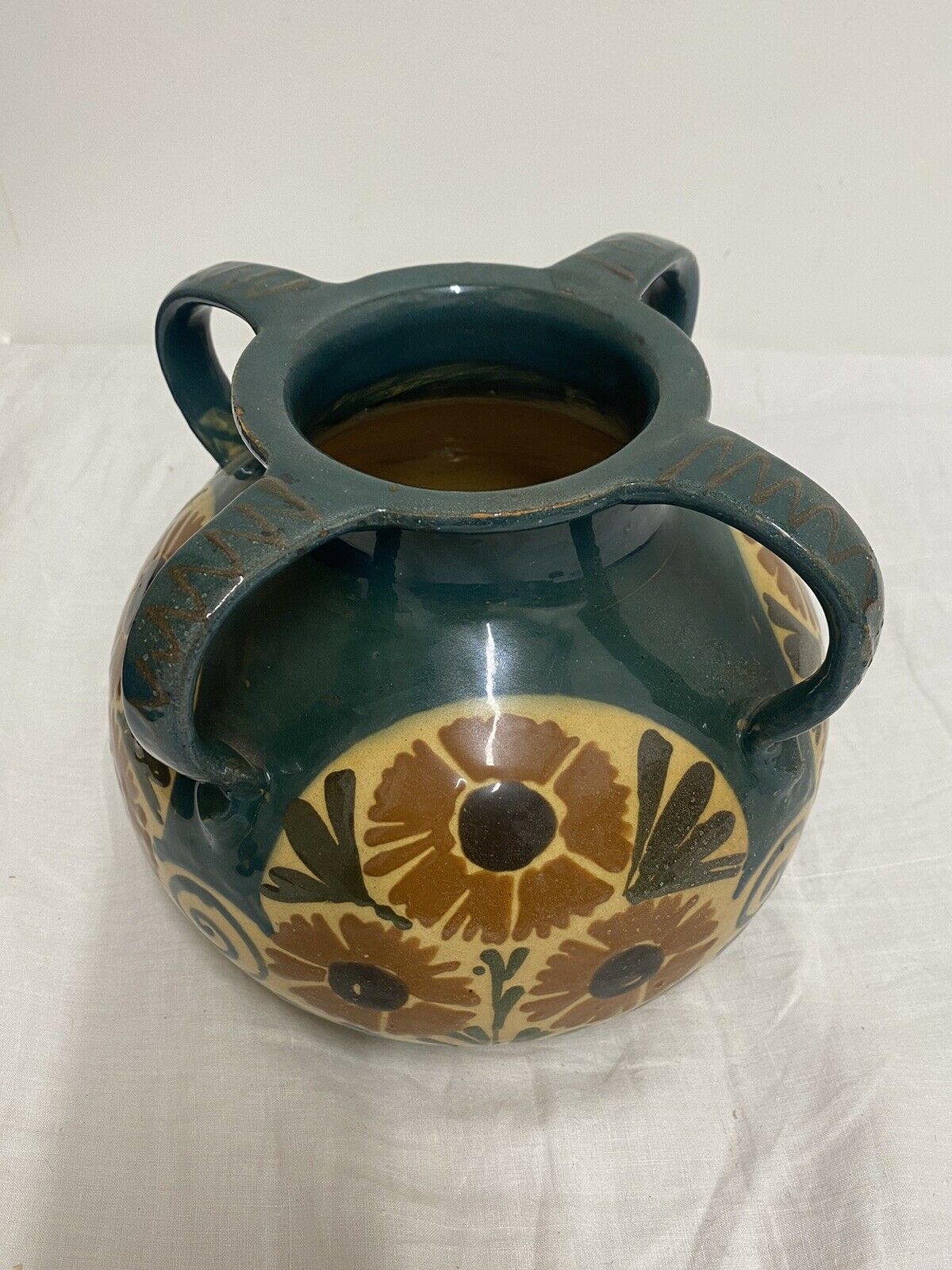 Vase Elchinger ceramic 4 detached handles polychrome floral decoration