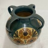 Vase Elchinger ceramic 4 detached handles polychrome floral decoration