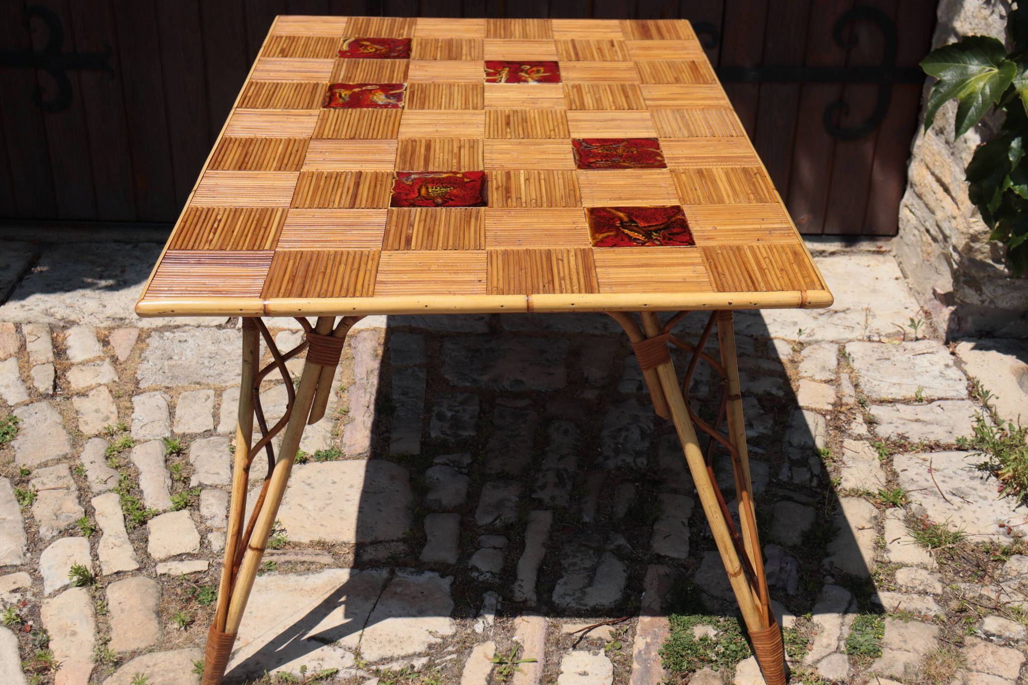 Audoux Minet attribution  rattan and ceramic dining table