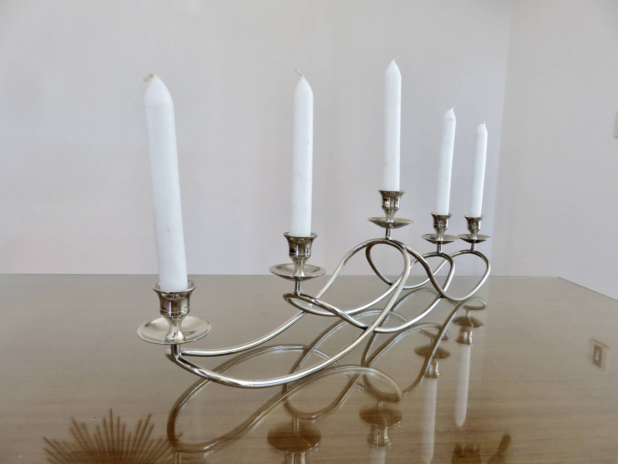 XXL silver metal candle holder 5 lights 70s