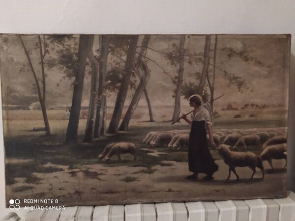 Huile sur toile ancienne la gardienne de moutons signée Schmidt