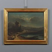 Old painting of a nocturnal landscape in oil on panel from the 19th century.