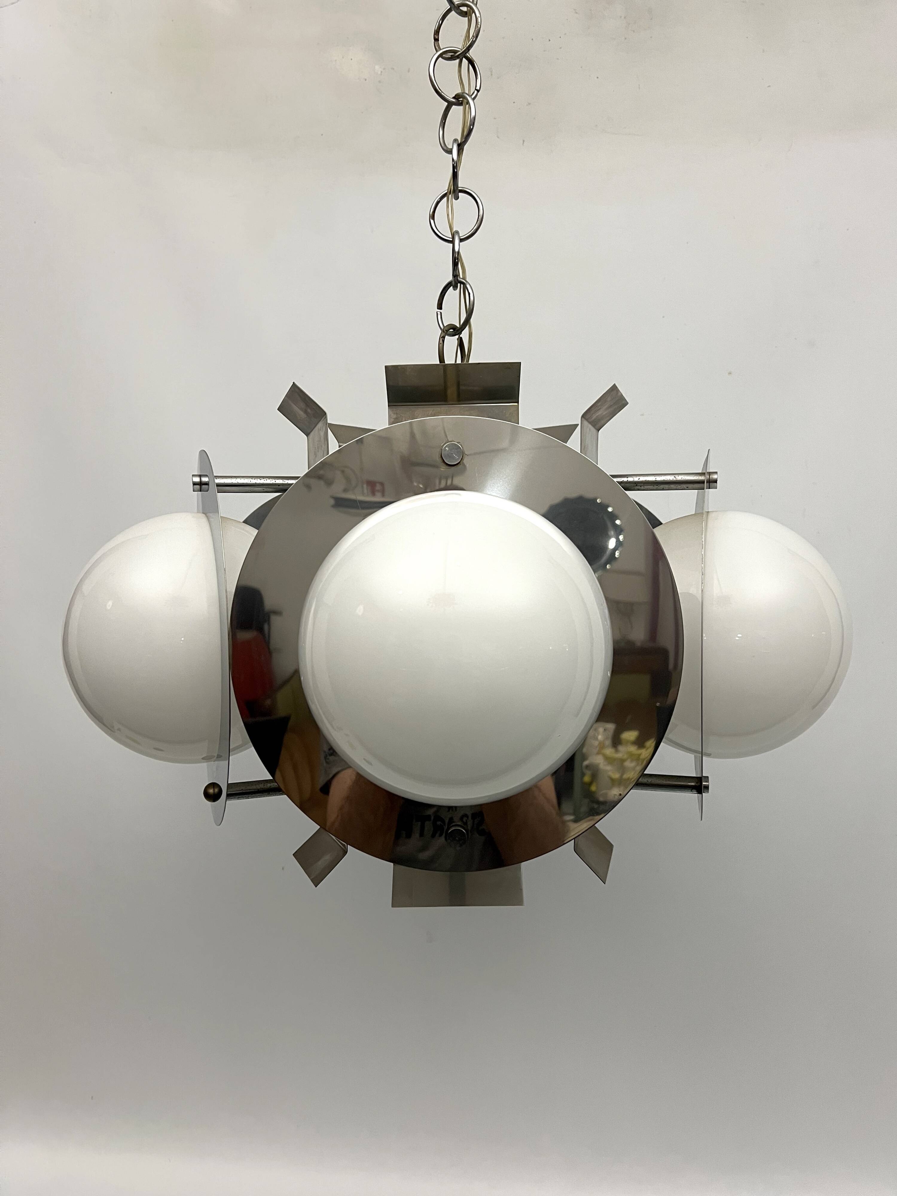 Space Age five lights chandelier in chrome and white glass. Italy 1970s