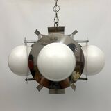 Space Age five lights chandelier in chrome and white glass. Italy 1970s