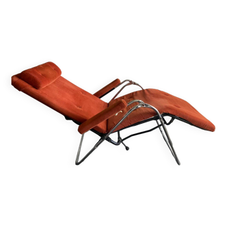 Fauteuil Relax / chaise longue chrome et velours édité par Lama 1970