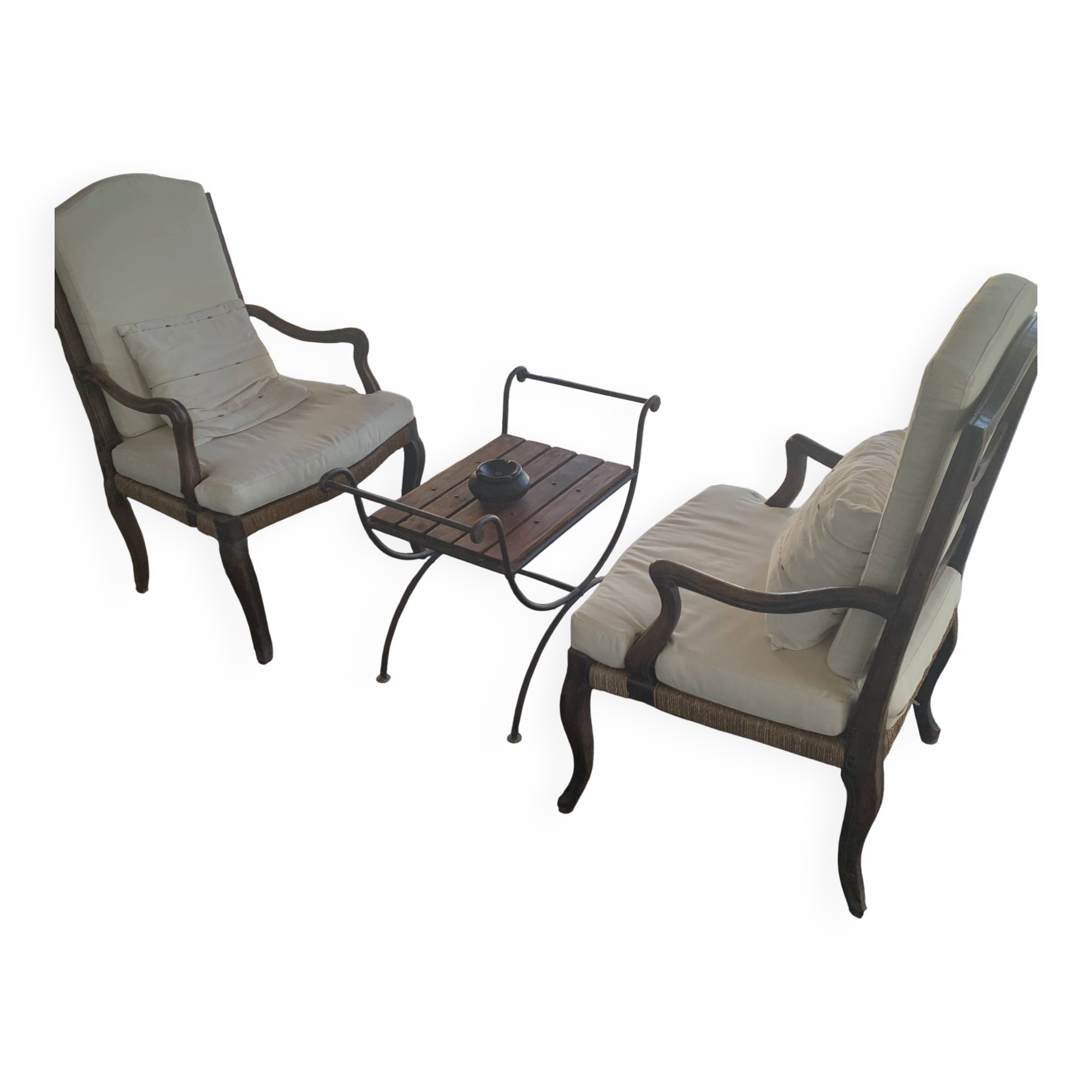 Pair of antique wooden armchairs with woven seats + cushions