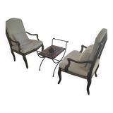 Pair of antique wooden armchairs with woven seats + cushions