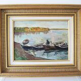 Ancien Tableau Huile sur Bois Encadré & Signé : Le Pêcheur