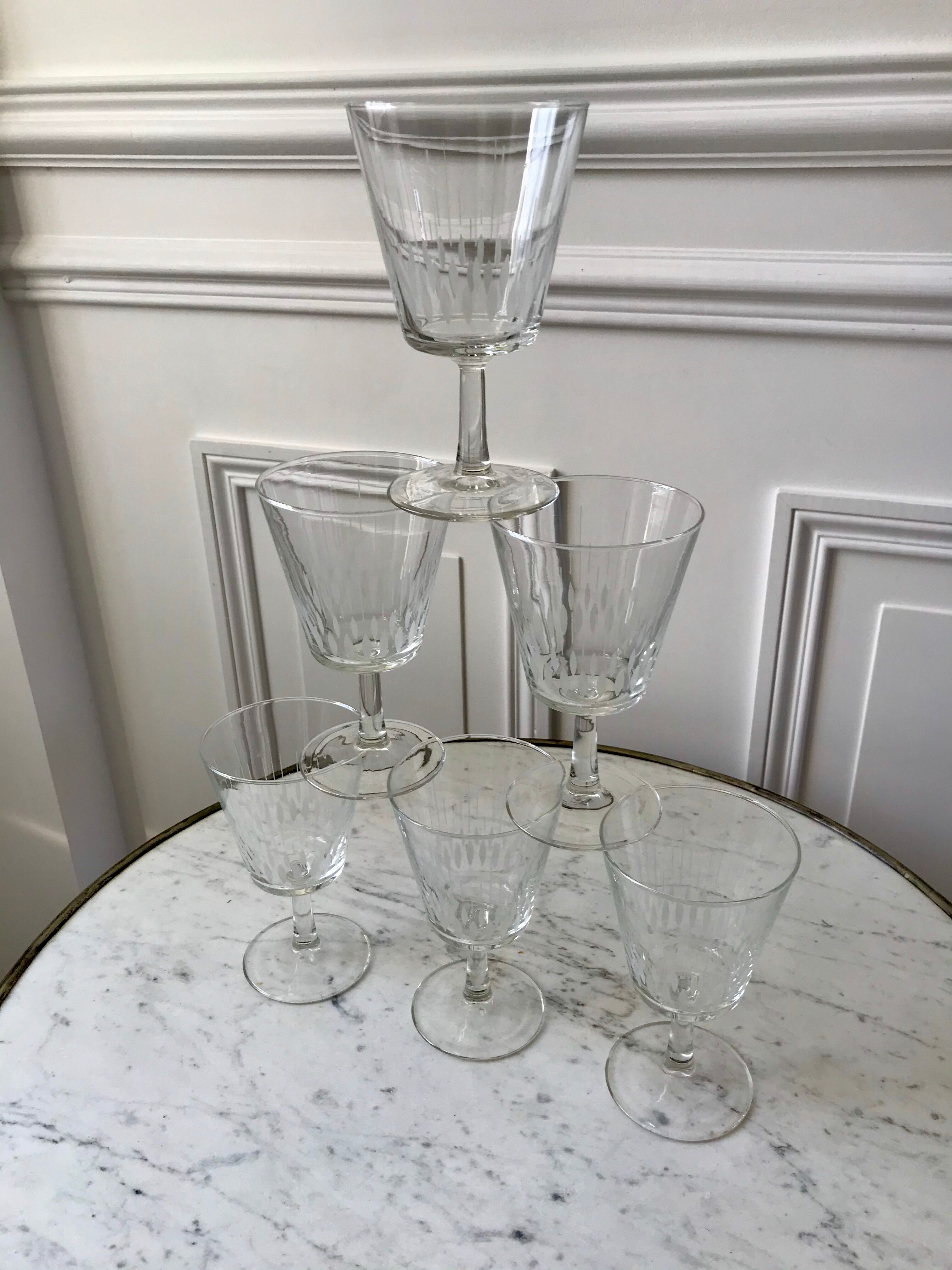 Set of 6 large crystalline glass wine glasses 50-60s
