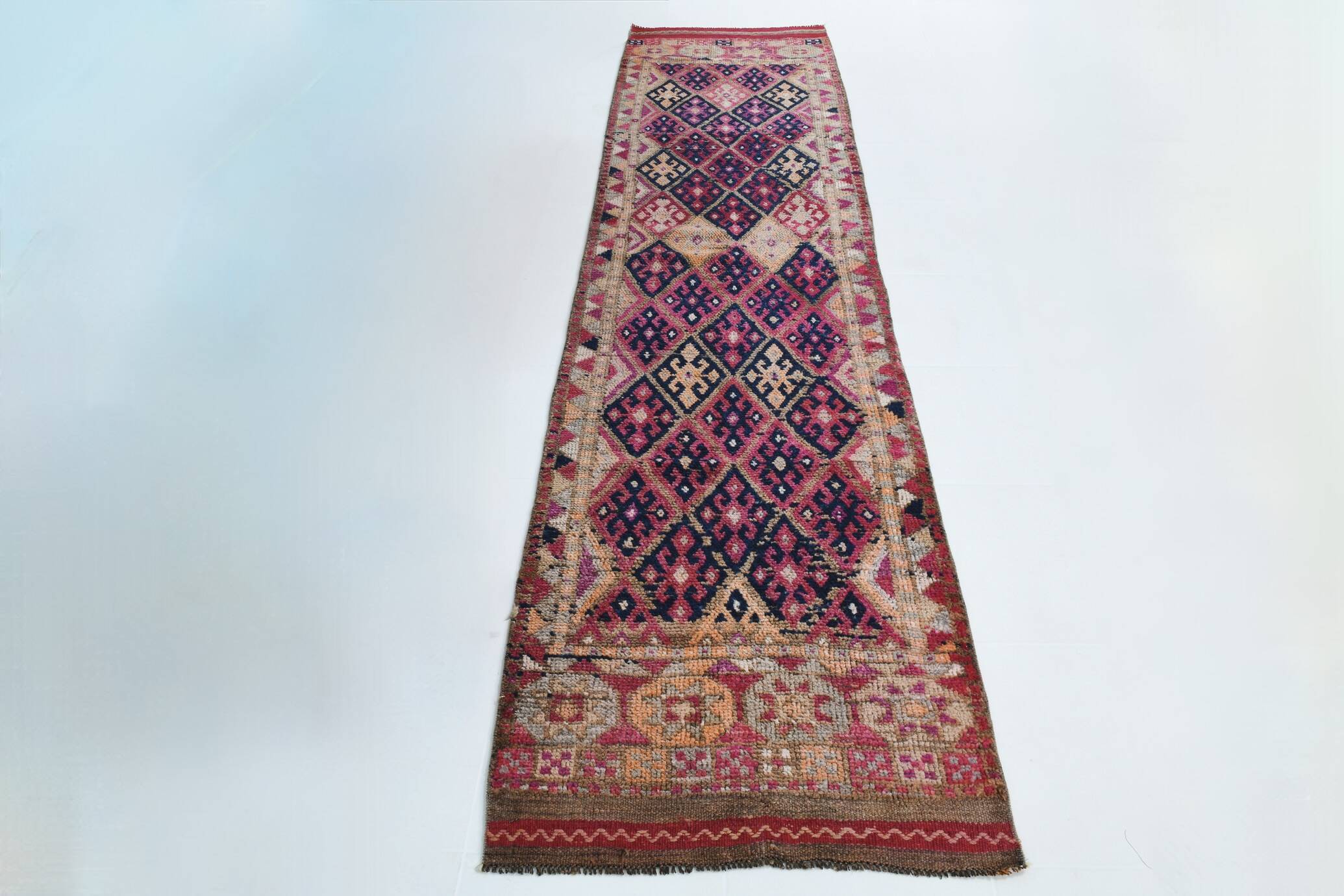 3x12 Red & Navy Blue Oushak Runner Rug, 83x352Cm