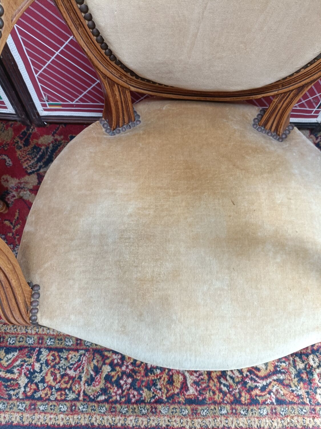 Pair of armchairs medallion Louis XV style, yellow velvet