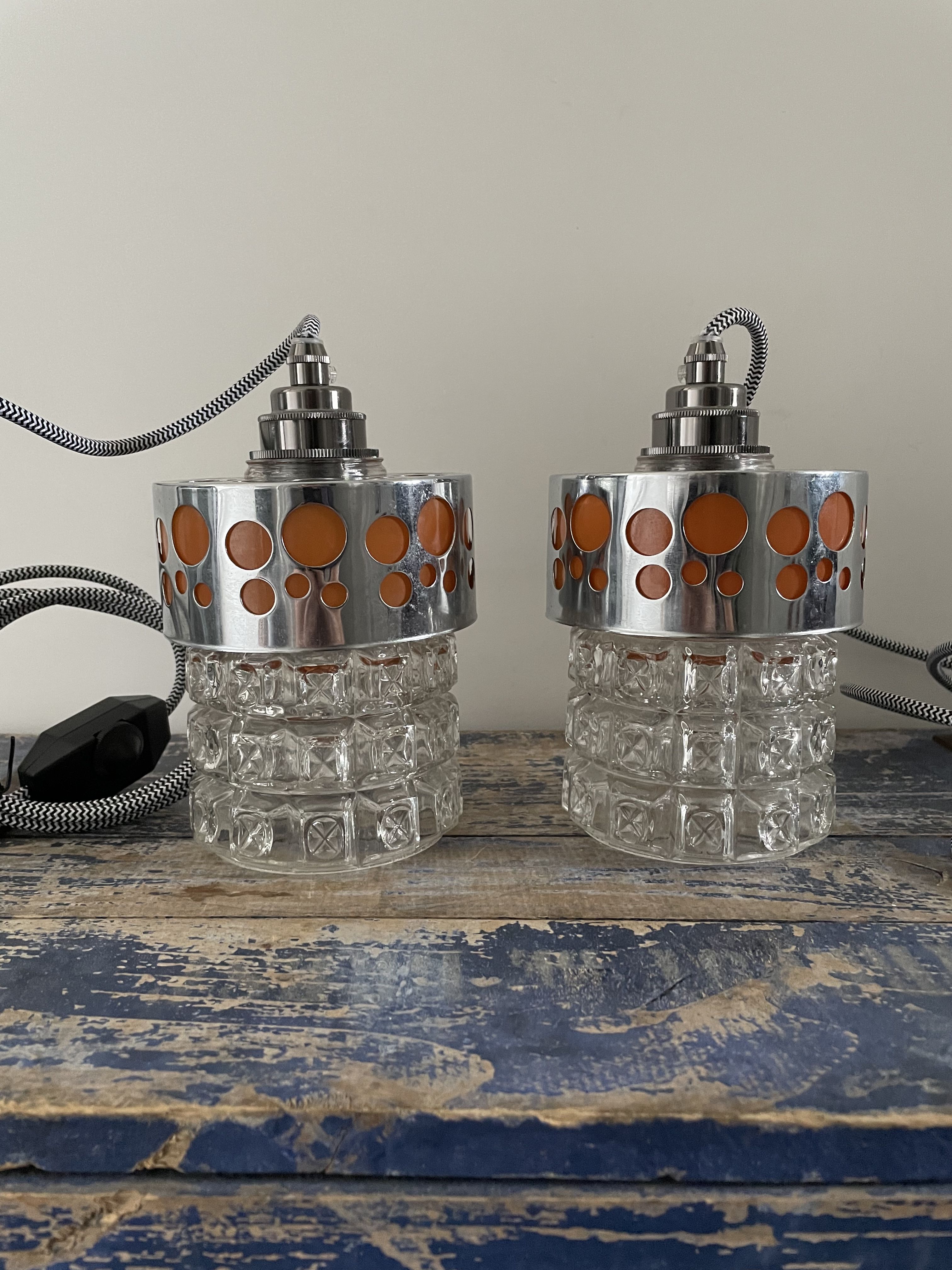 Set of vintage electric chiseled glass lamps