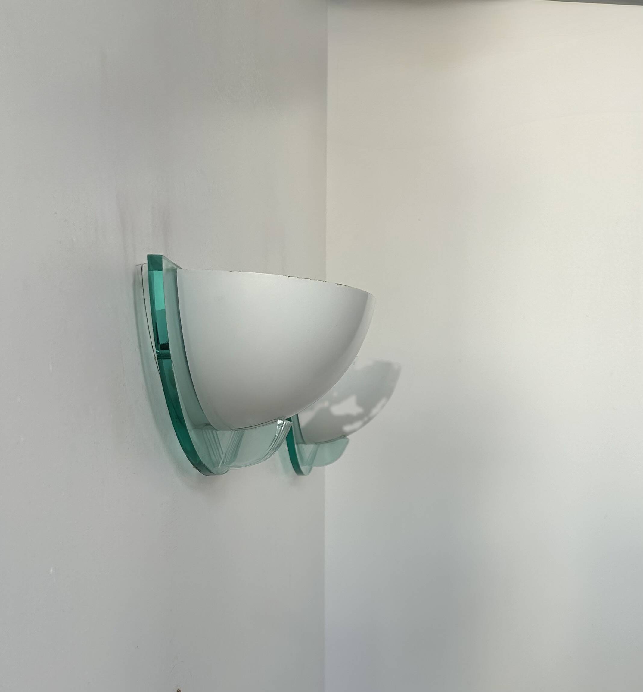 Pair of vintage post-modernist wall lights, white metal, perspex, France 1980