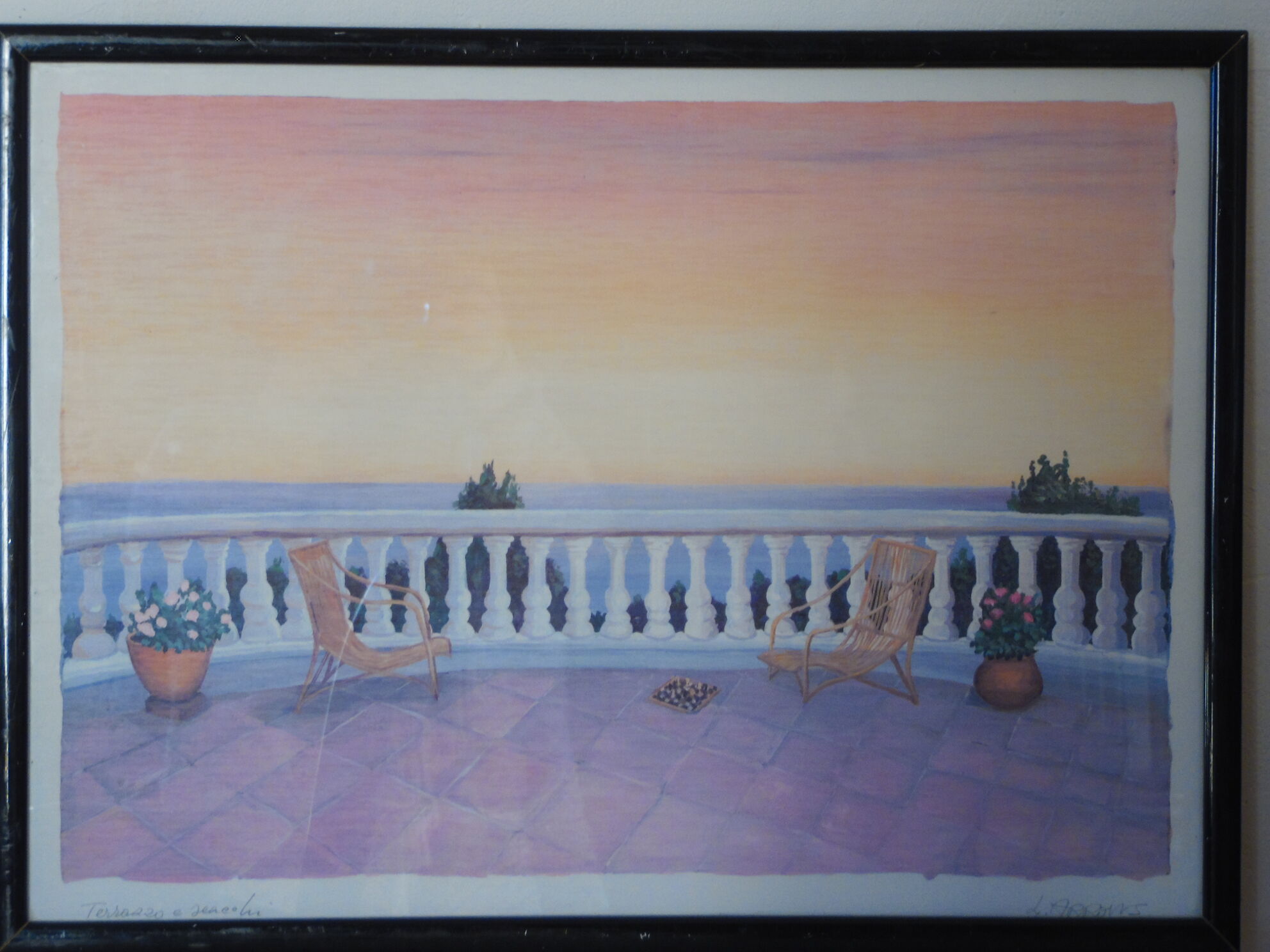 Pastel painting terrace by the sea