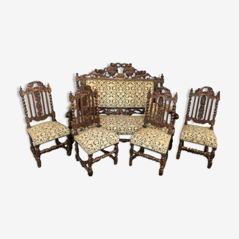 Salon complet 5 pièces canapé et 4 chaises style Henry II