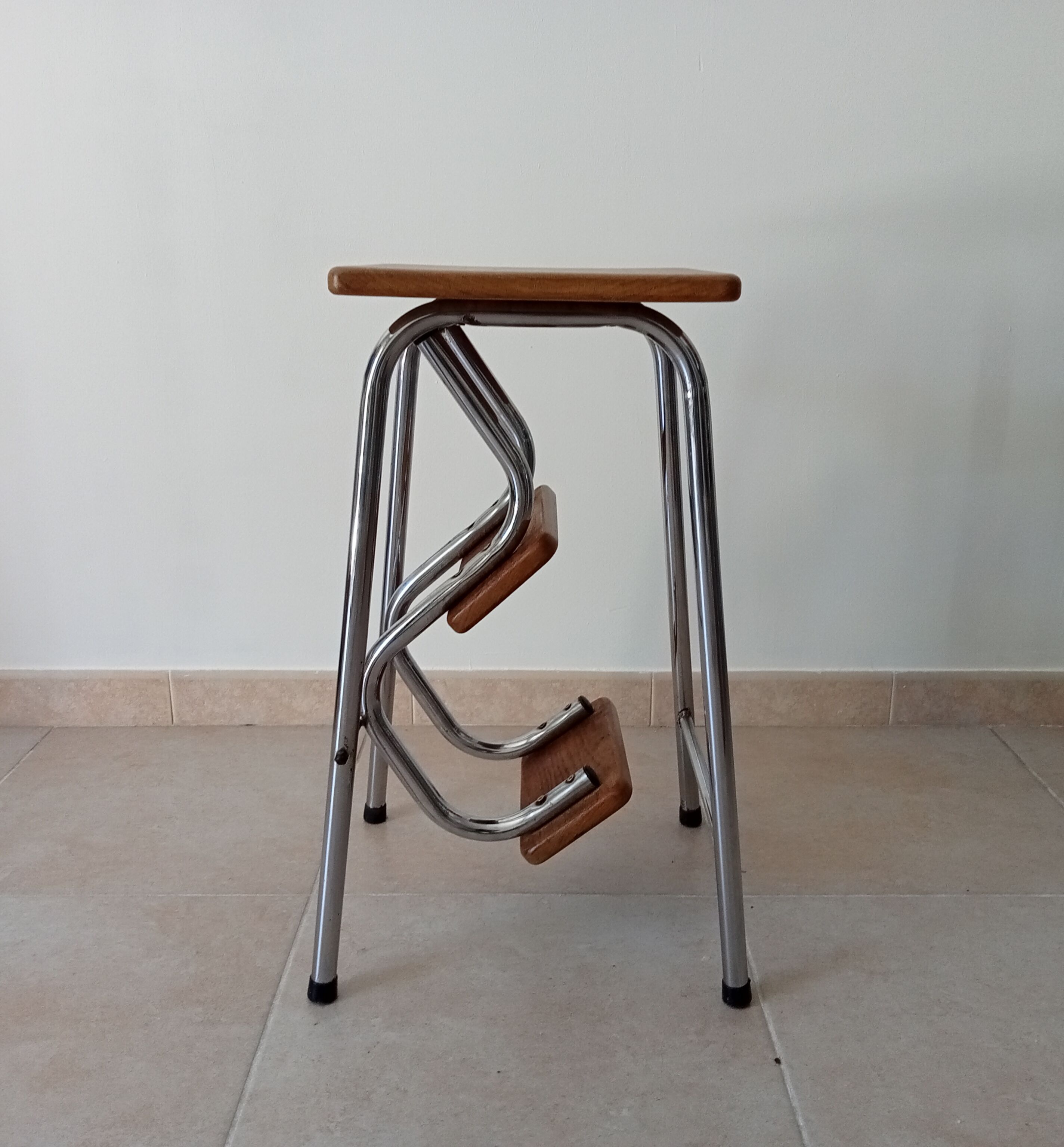 Stepladder stool vintage chrome and solid oak 60/70s