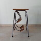 Stepladder stool vintage chrome and solid oak 60/70s