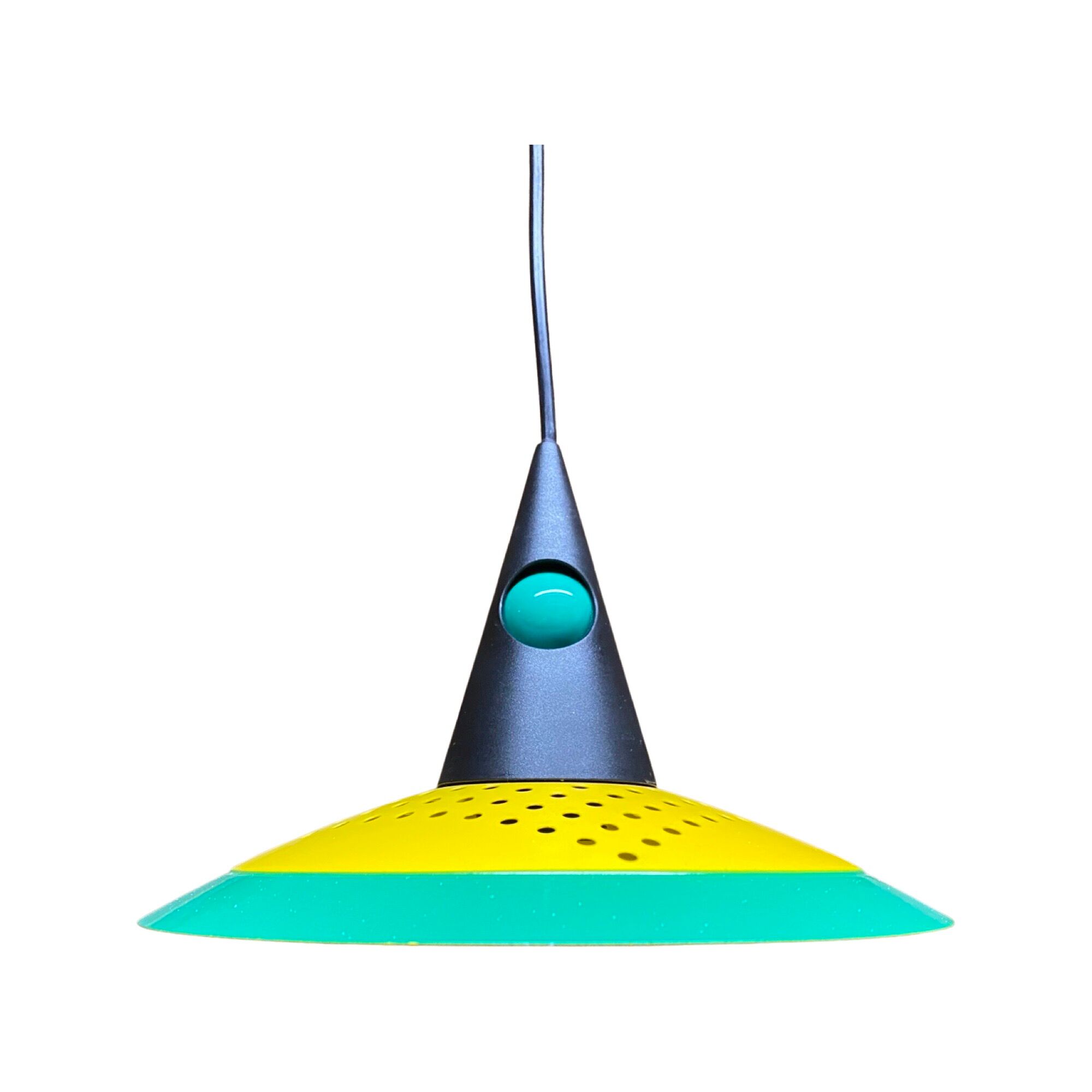 Vintage green-yellow pendant light | small mid century design hanging lamp | retro metal pendant