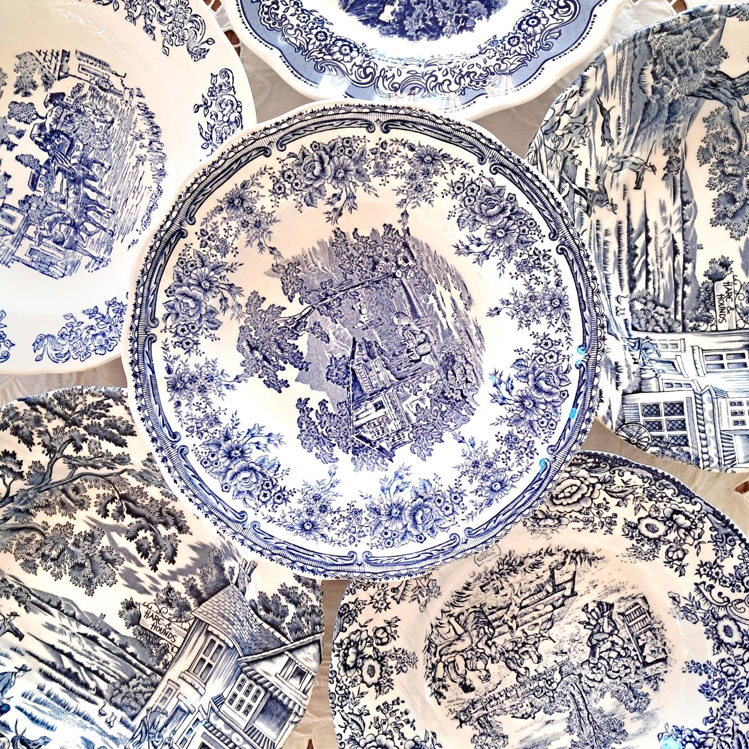 Mismatched antique soup plates