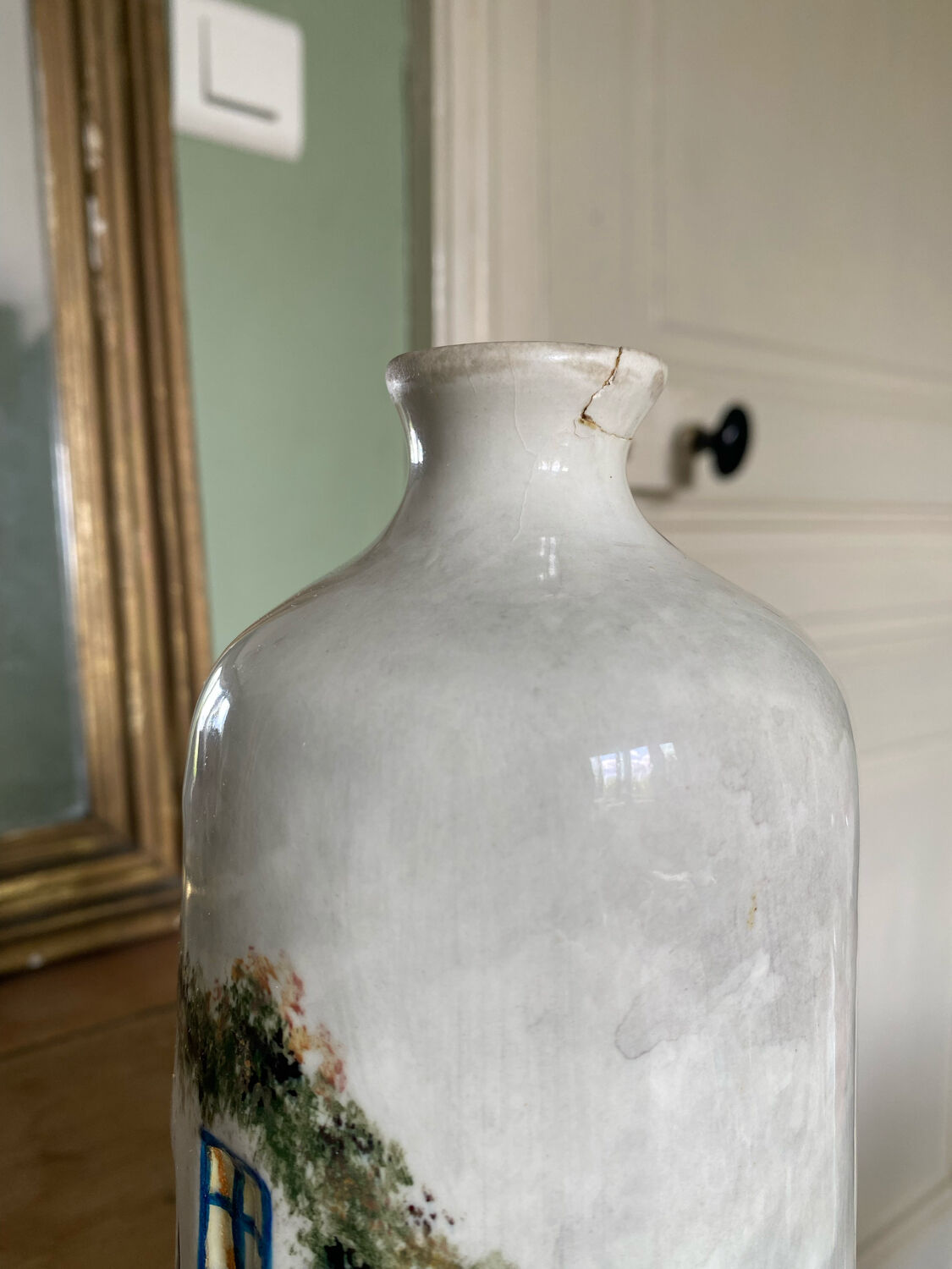 Handcrafted ceramic vase village scene Crete 70s