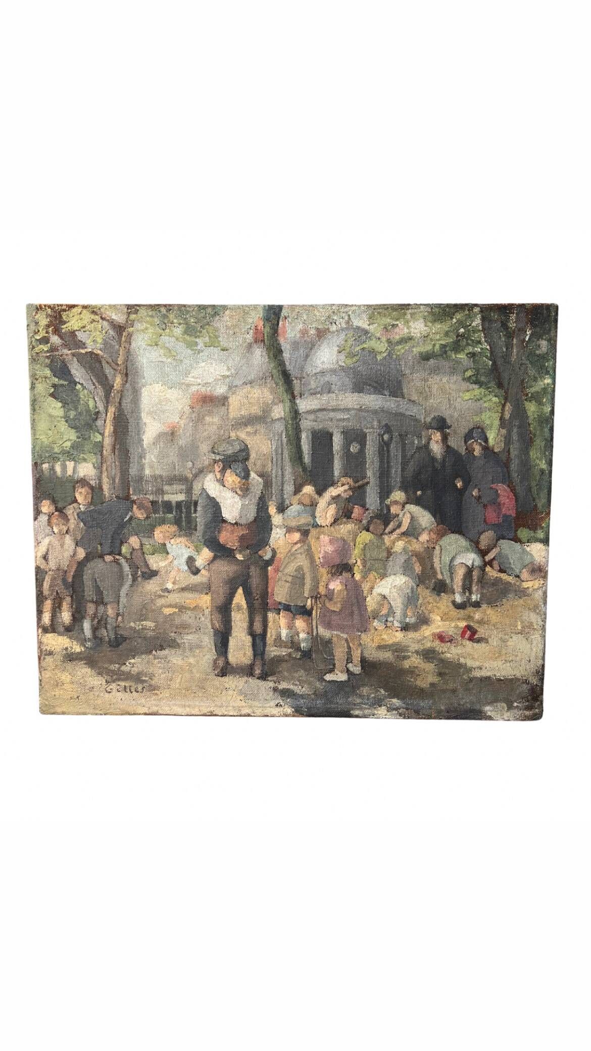 Children in the Monceau Garden. HST circa 1940. Signed Gilles. 81.5 x 65cm