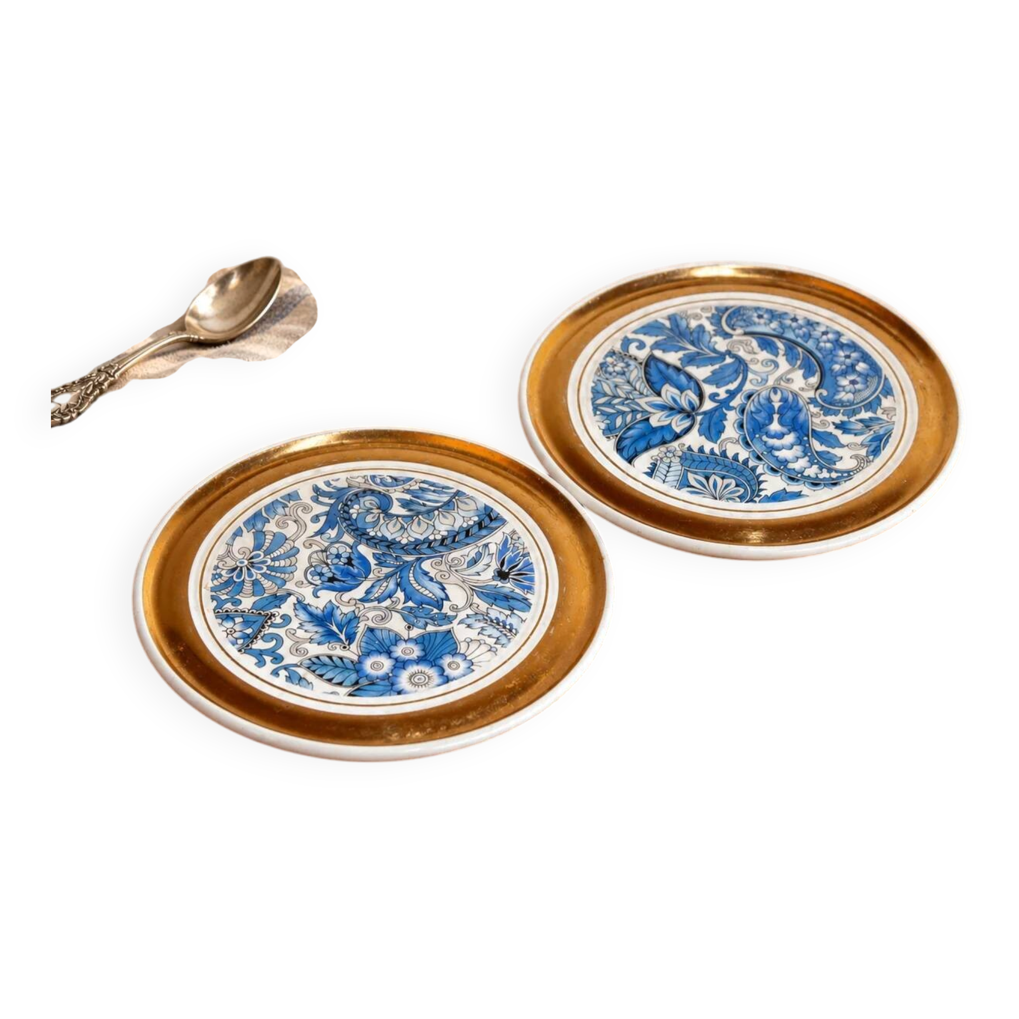 Set of 2 vintage ceramic coasters – Blue floral design and gilding – Made in France