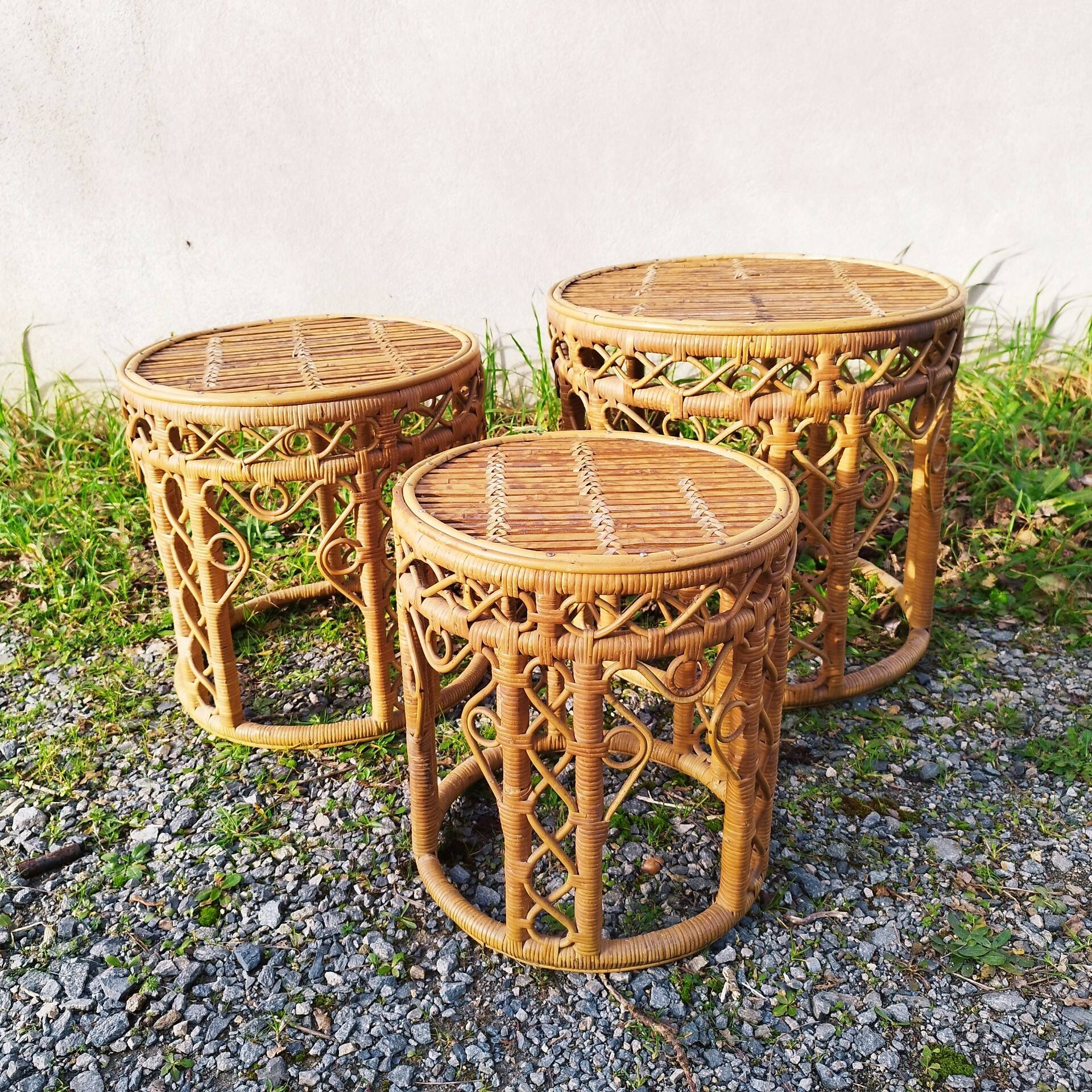 Vintage peacock rattan wicker nesting side tables